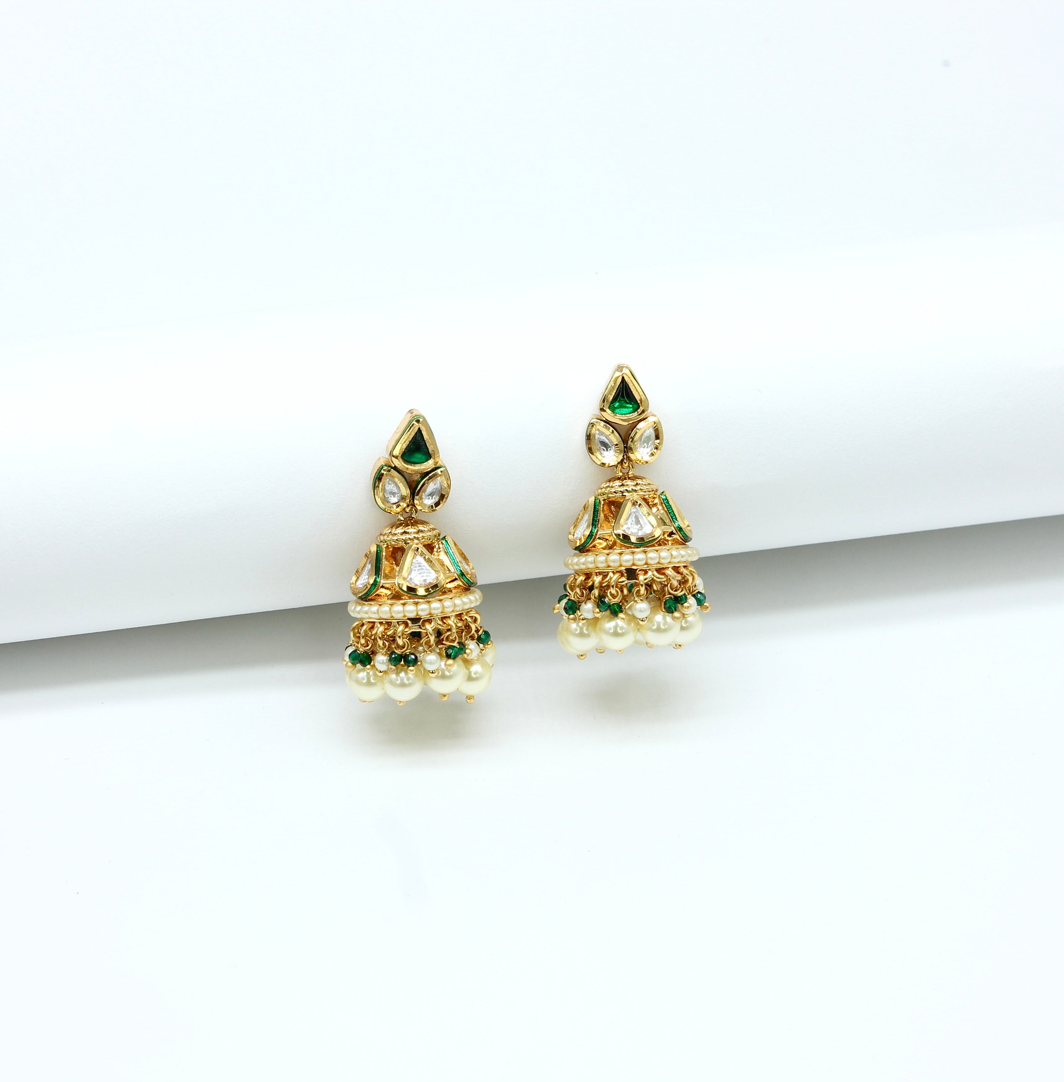 Rajwadi - Emerald Elegance Kundan Jhumkas