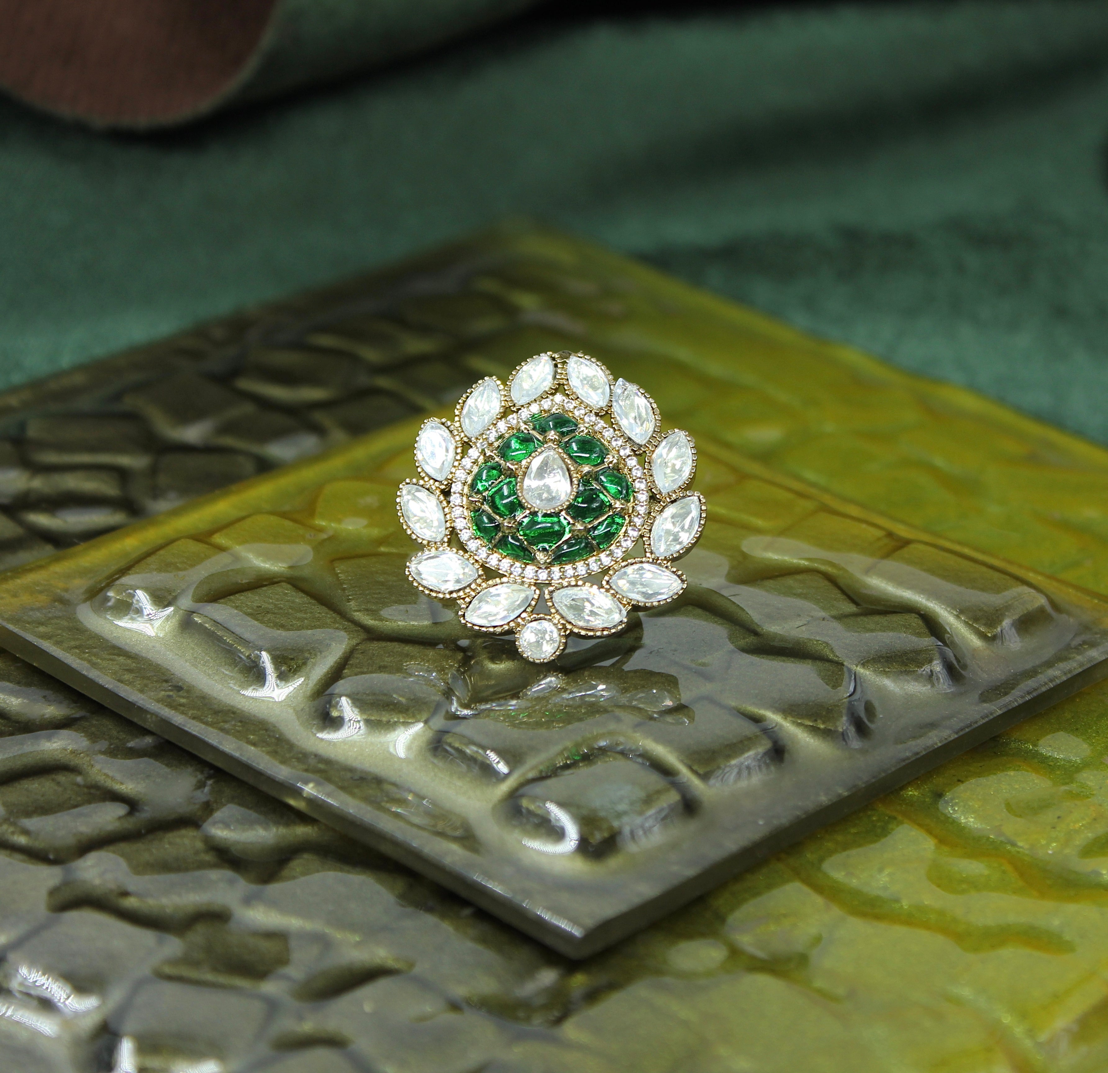 Vishvaja – Emerald Lotus Kundan Ring