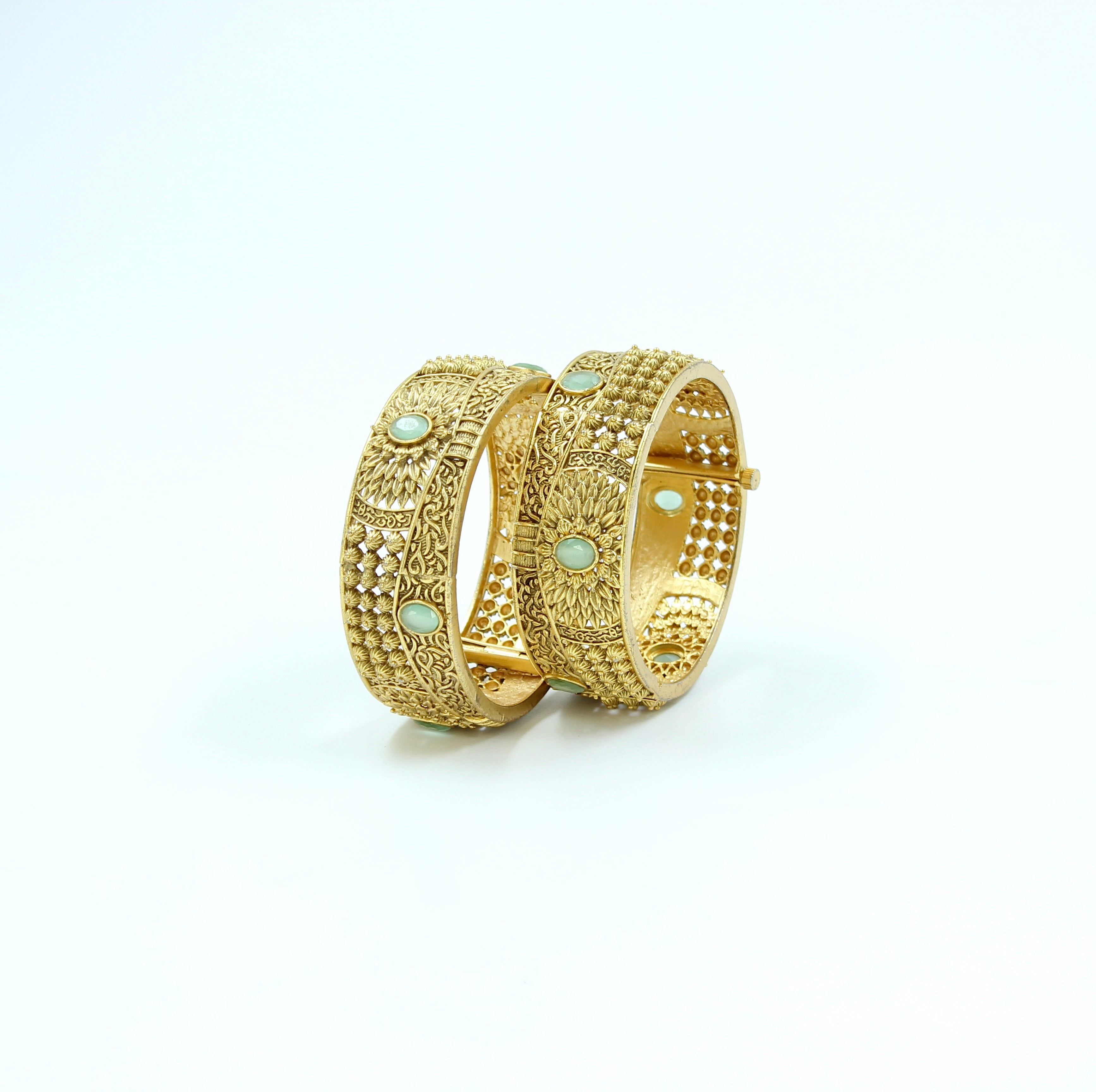 Malvika – Mint Stone Openable Temple Bangles