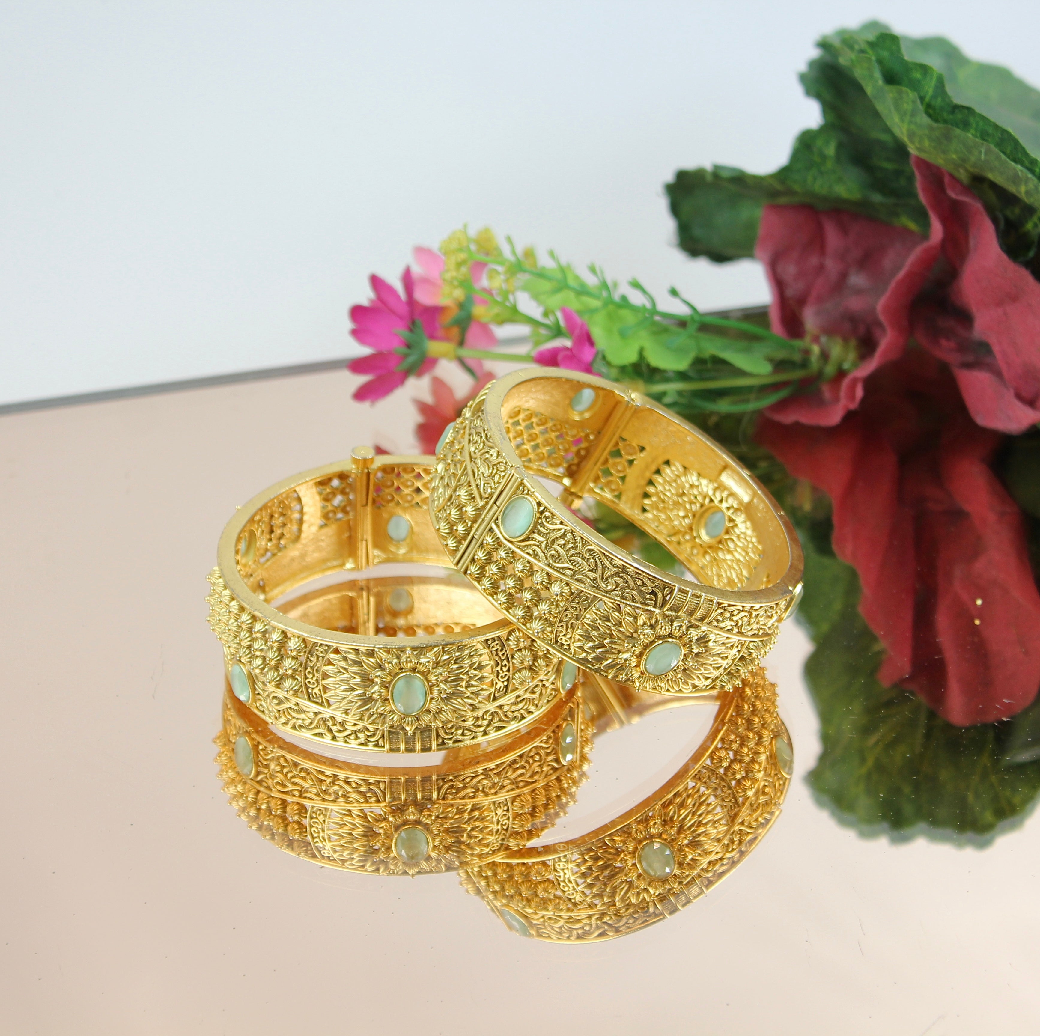 Malvika – Mint Stone Openable Temple Bangles